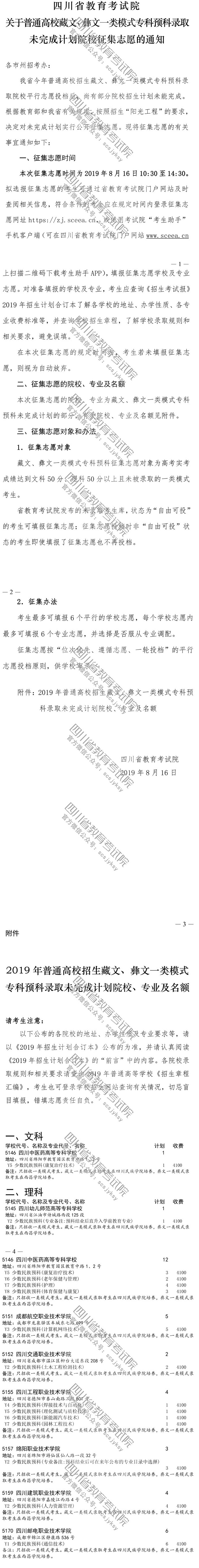 关于普通高校藏文、彝文一类模式专科预科录取未完成计划院校征集志愿的通知