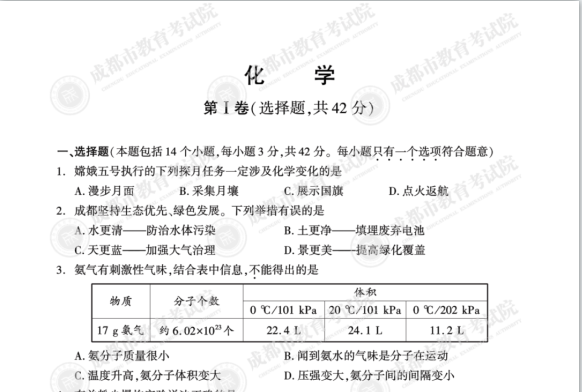 2021年成都中考化学试题及参考答案